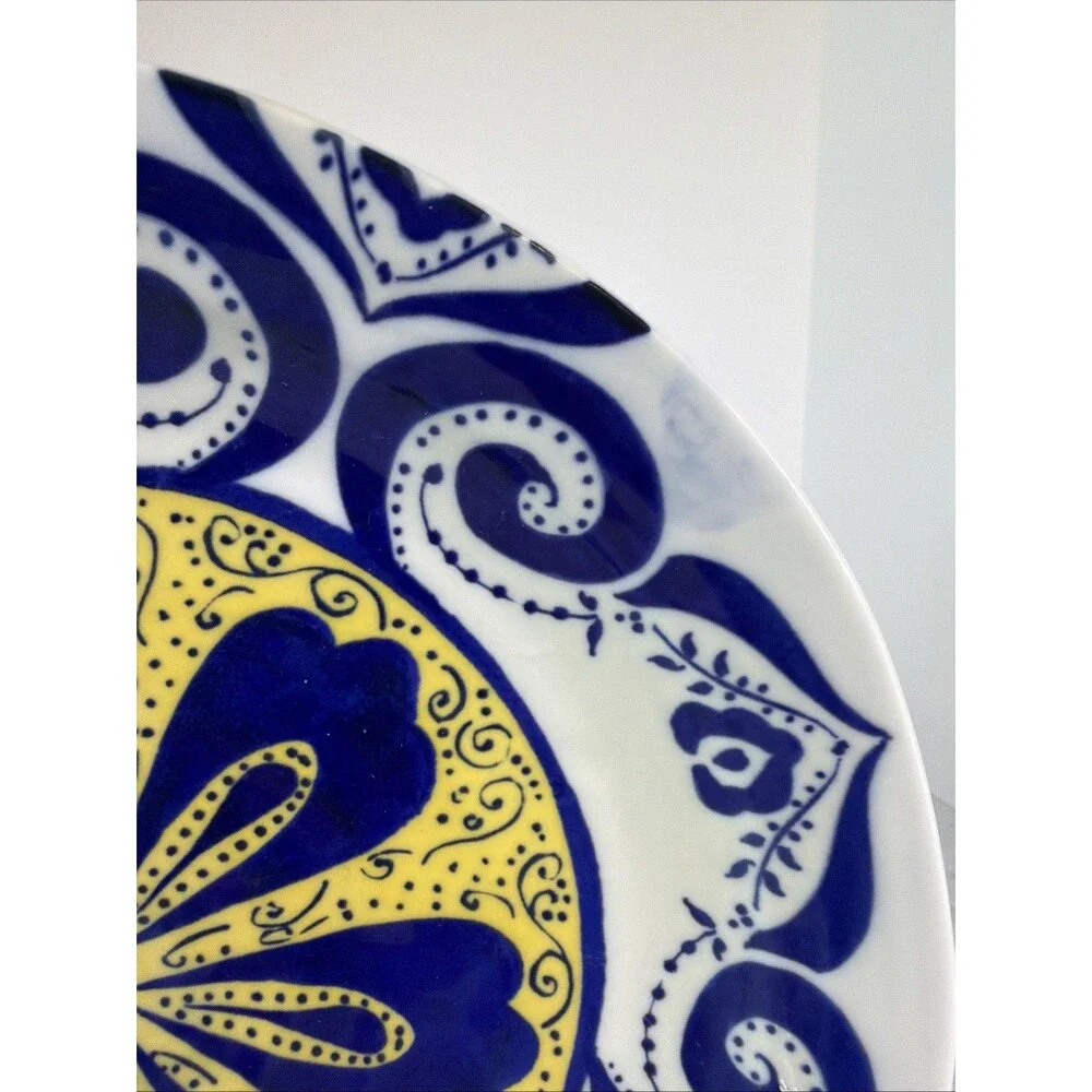 Anthropologie Cordoba Blue Yellow Floral Dinner Plate Handpainted Pottery